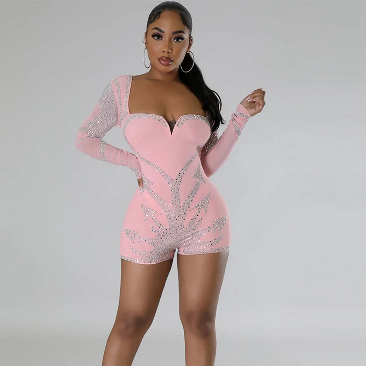 Long Sleeve Body-con Rhinestones Short Jumpsuit