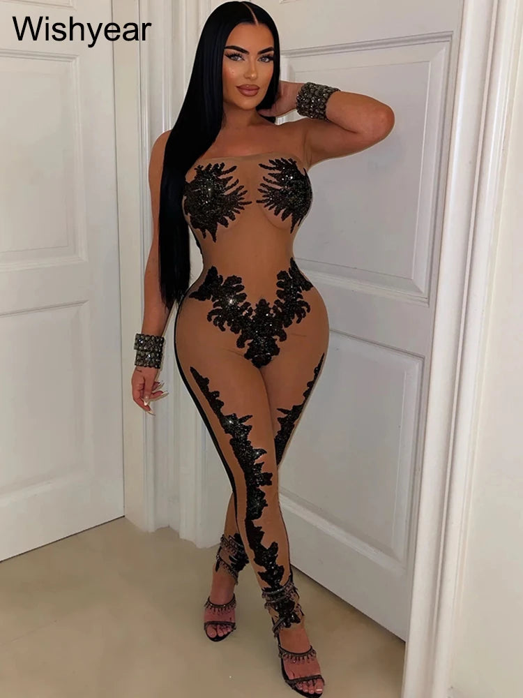 Elegant Sequin Mesh See Through Jumpsuit