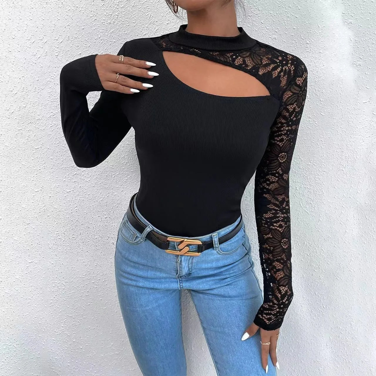 Sexy Off Shoulder Lace Irregular Long Sleeve Black Top