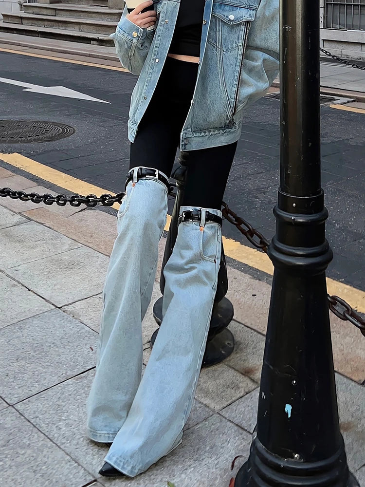 Patchwork Denim High Spliced Pocket Wide Leg Pants