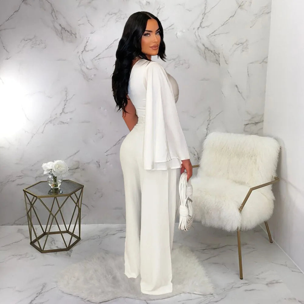 Ruched One Shoulder Sleeve Crop Top and Wide Leg Pants Suits