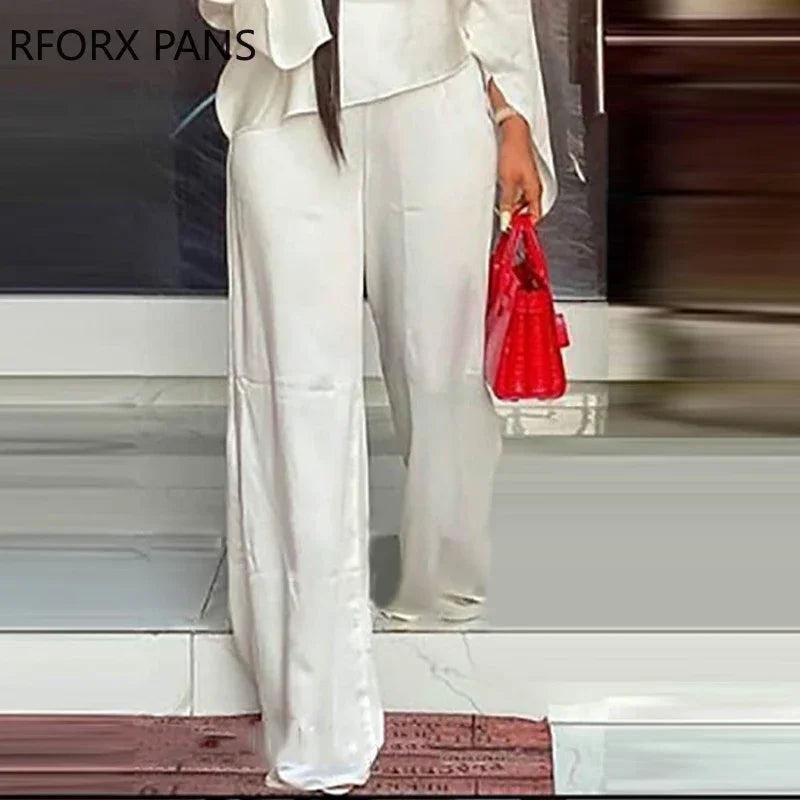 Women Solid Asymmetrical Flared Sleeves One Shoulder  Wide Leg White Pants sets