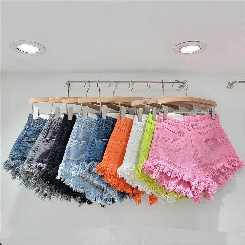 High-waisted Tassel Design Raw Denim Shorts