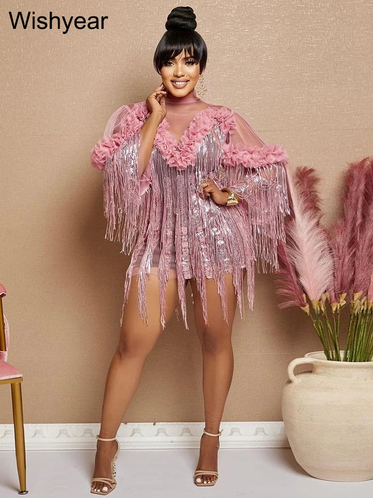 Pink Sequin Tassel Mesh Fuffles Short Dress