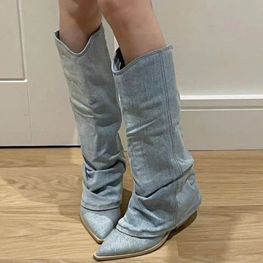 Pleats Blue Denim Cowboy Thigh High Boots