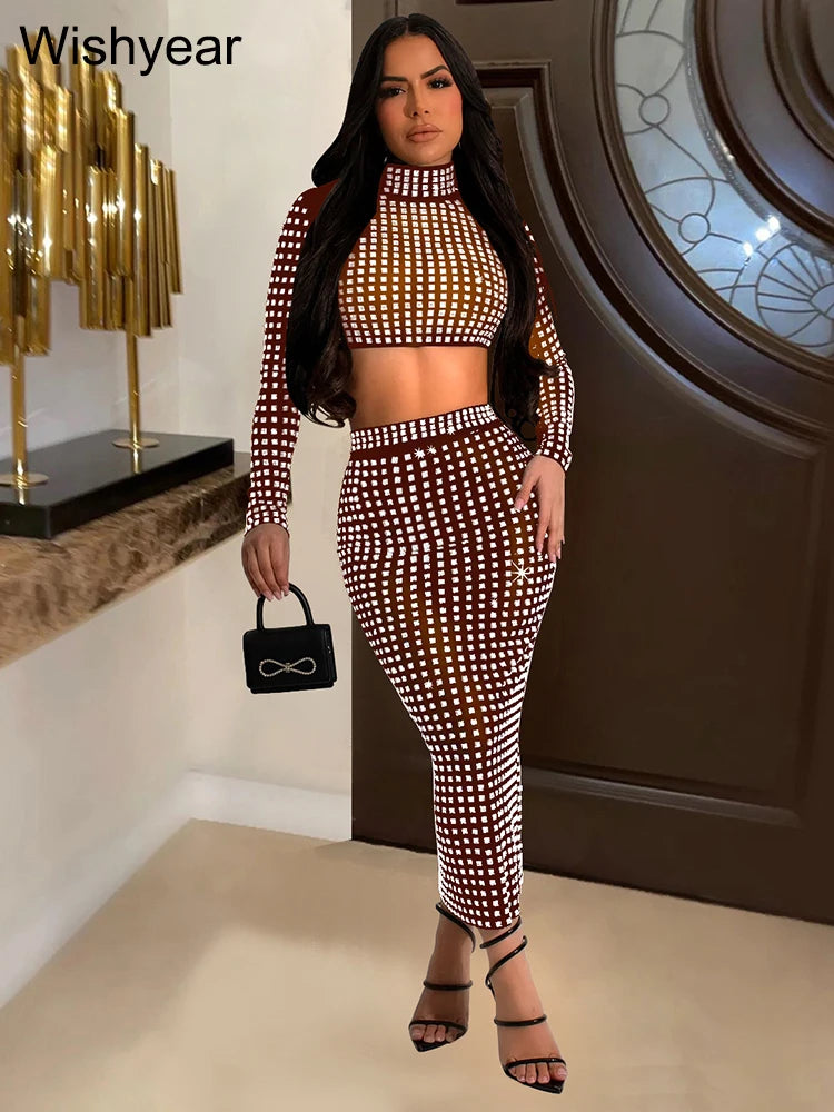 Sparking Diamonds Sexy Mesh See Through Long Sleeve Top and Skirt Set