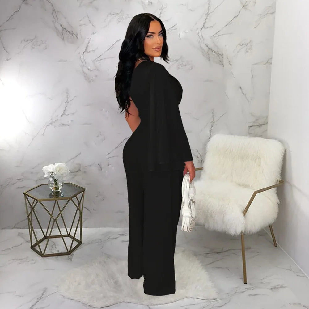 Ruched One Shoulder Sleeve Crop Top and Wide Leg Pants Suits