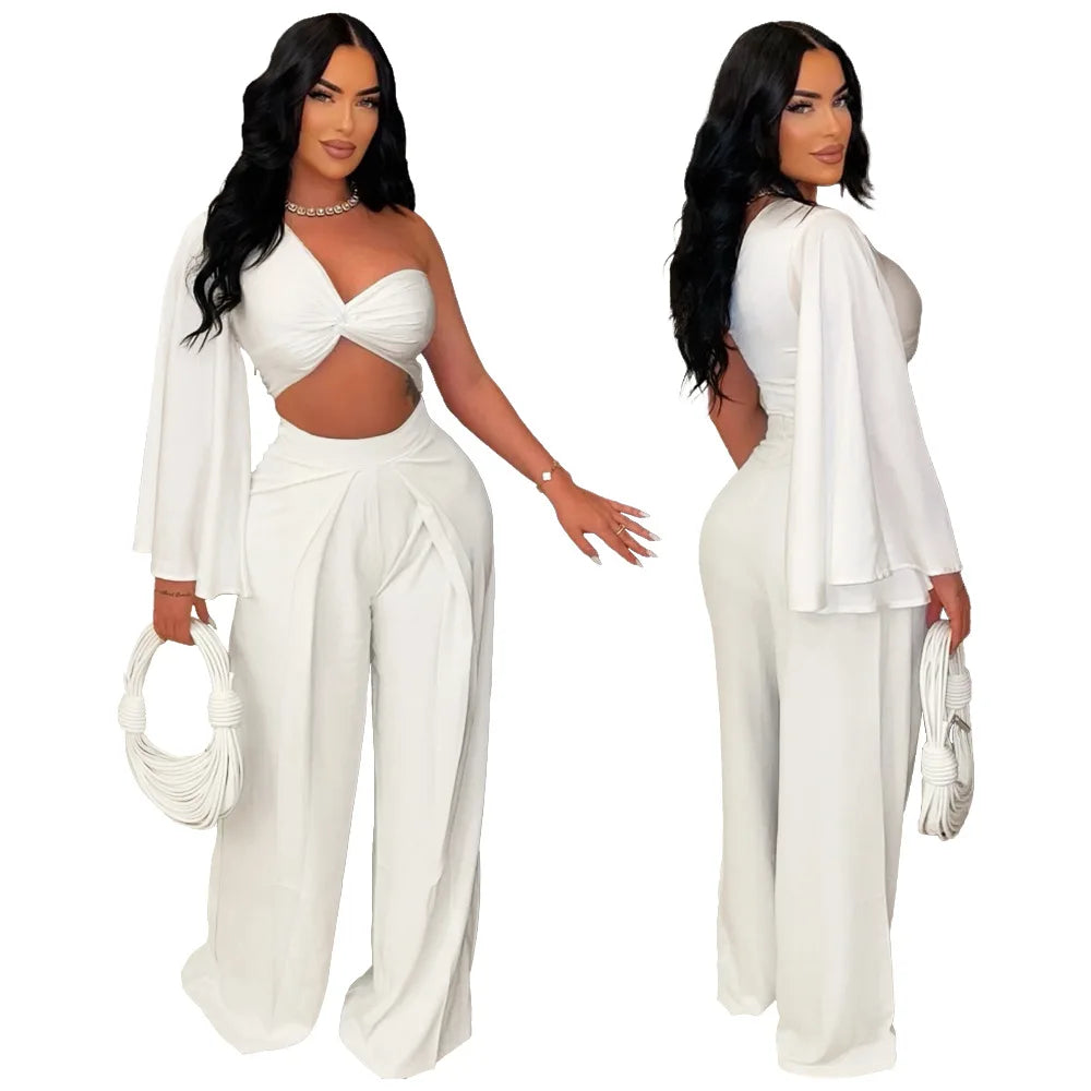 Ruched One Shoulder Sleeve Crop Top and Wide Leg Pants Suits