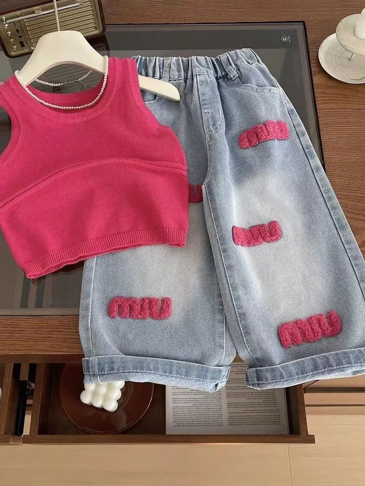 Girls Knitted Suspender Vest Jeans Two-piece Set