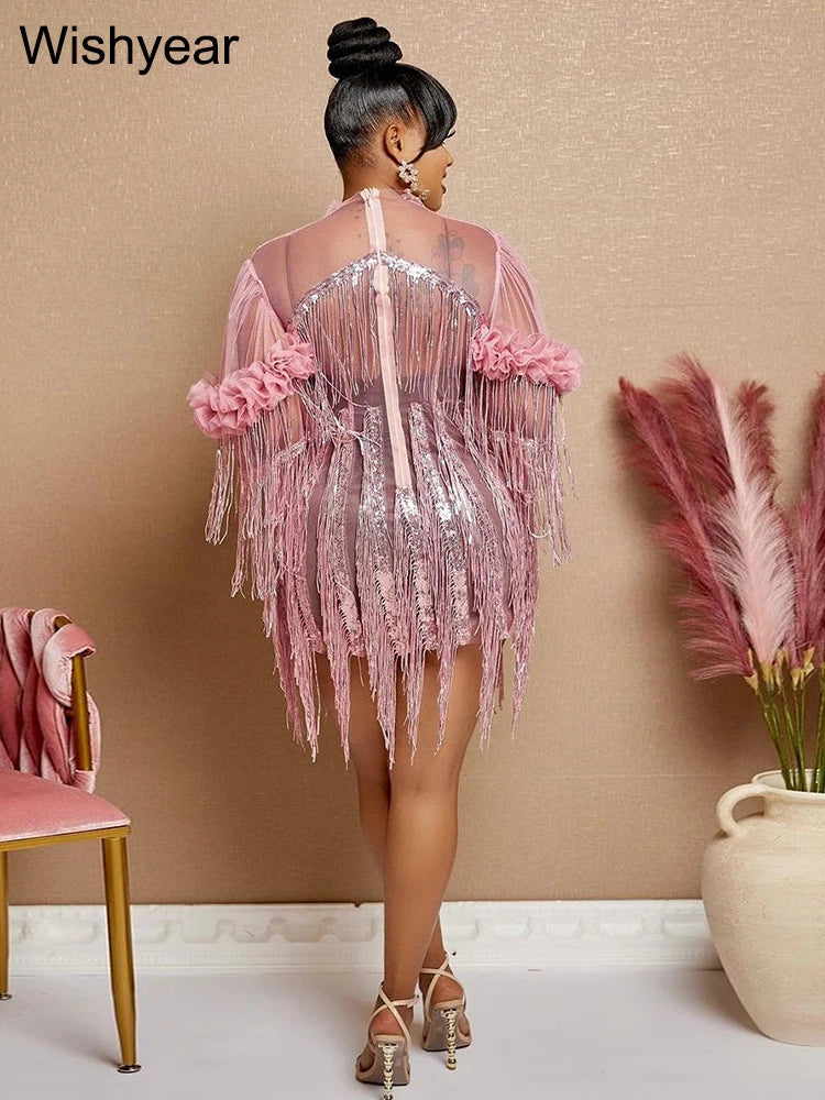 Pink Sequin Tassel Mesh Fuffles Short Dress