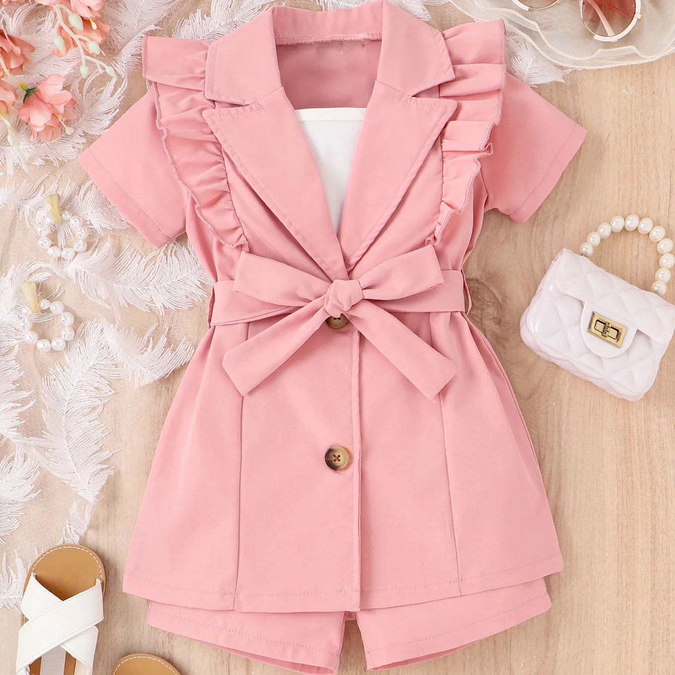 Girl Suit Strap Solid 3Pcs Summer Clothing Sets