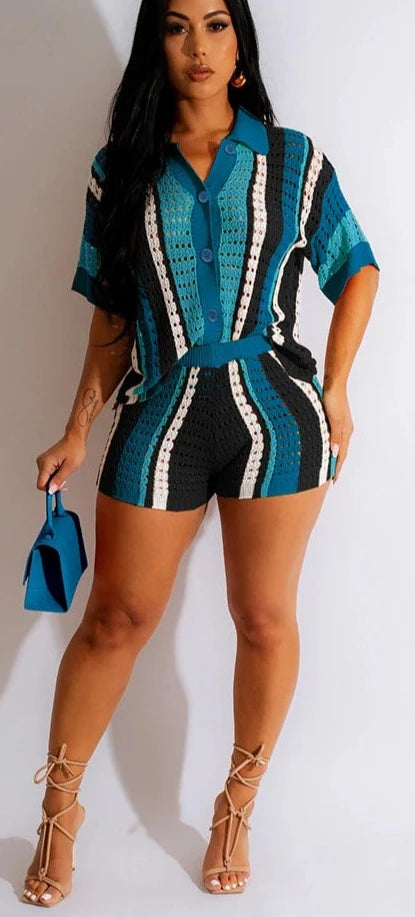 Sexy Stripe Hollow Out Knit Crochet Two 2 Piece Shorts Set