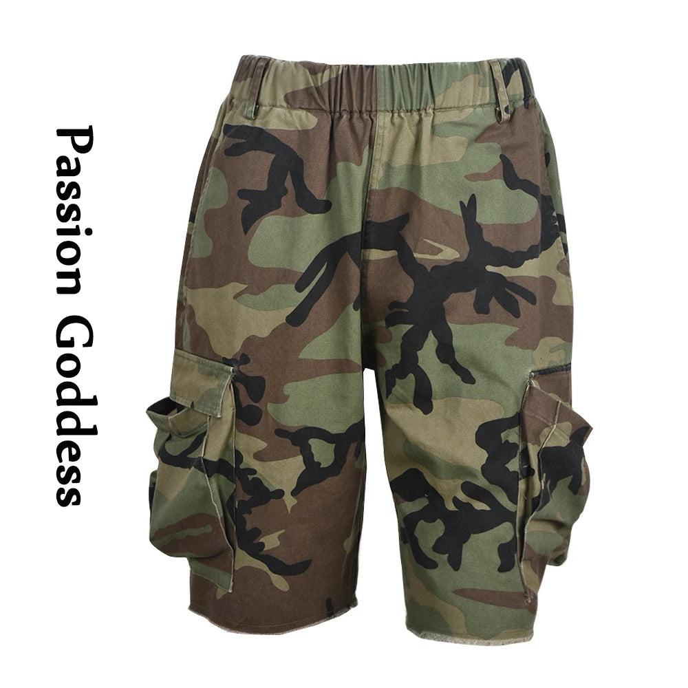 Fashion Camouflage Mid Shorts High Waist Cargo Shorts