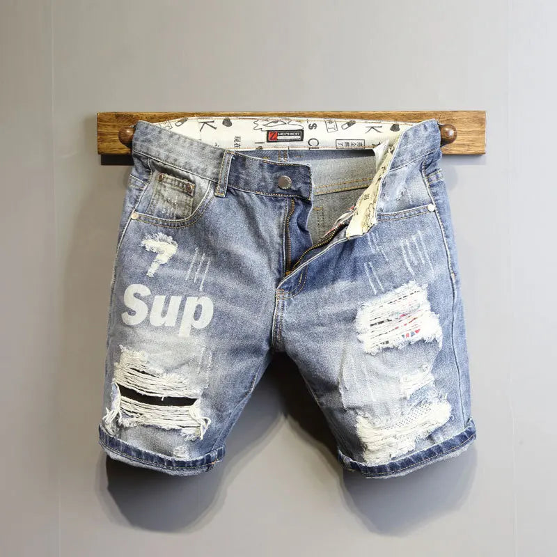 Patch Letter Print Slim Denim Shorts