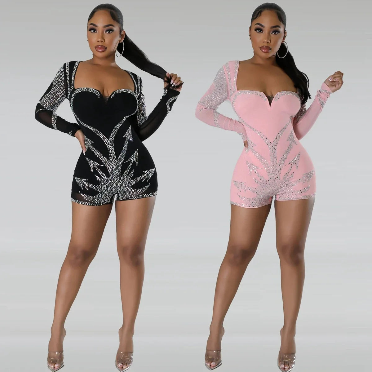 Long Sleeve Body-con Rhinestones Short Jumpsuit