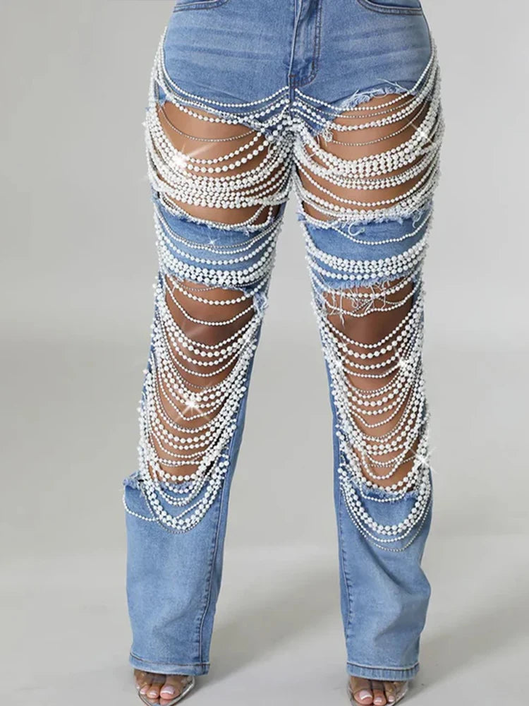 Casual Vintage Cutout High Waist Pearls Denim Jeans