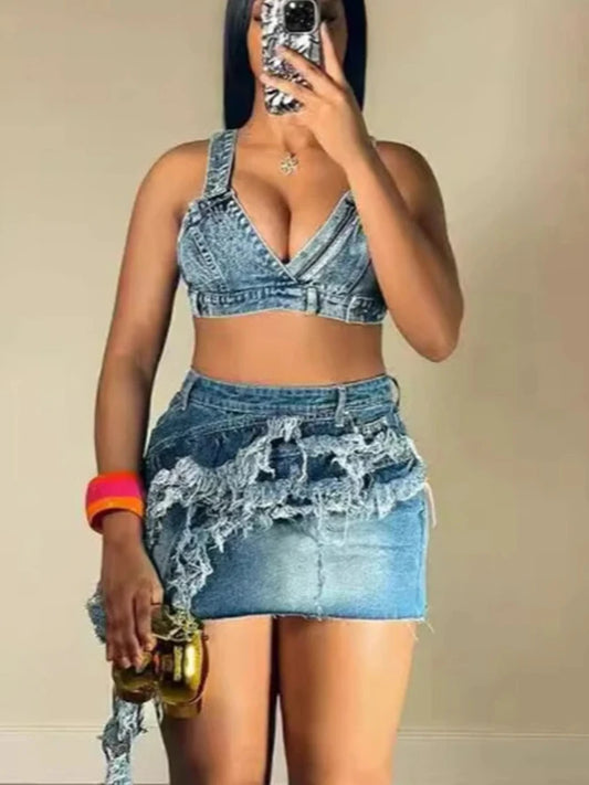 Sexy Sleeveless Denim V Neck Crop Top and Mini Skirt Set