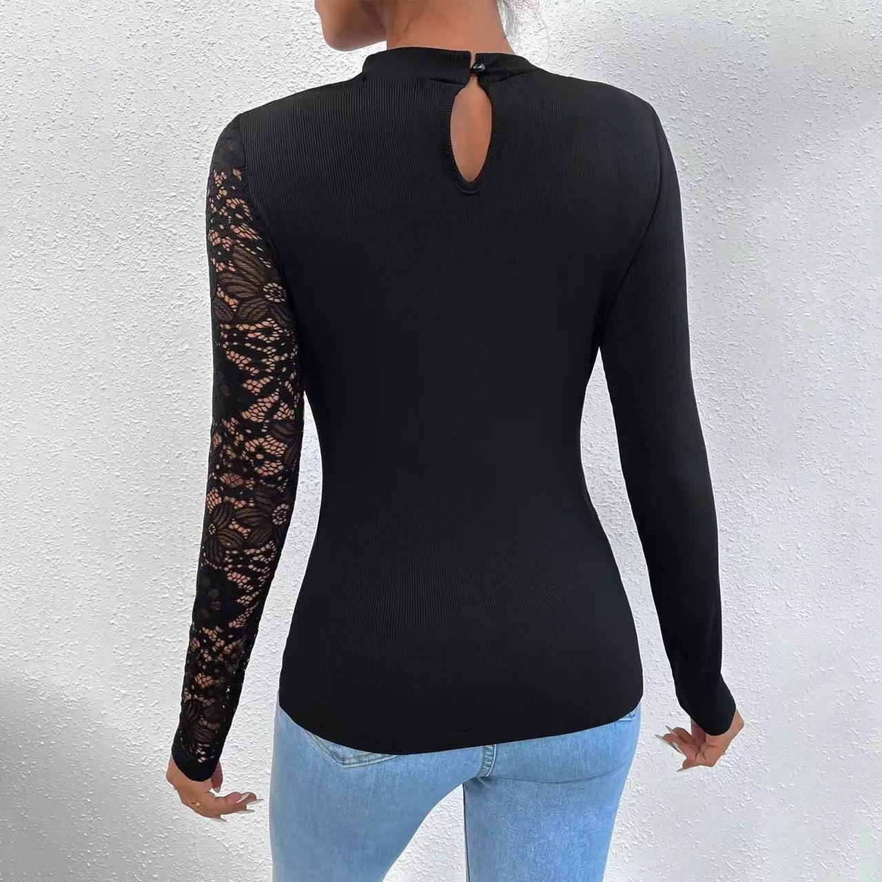 Sexy Off Shoulder Lace Irregular Long Sleeve Black Top