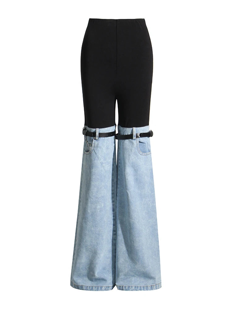 Patchwork Denim High Spliced Pocket Wide Leg Pants