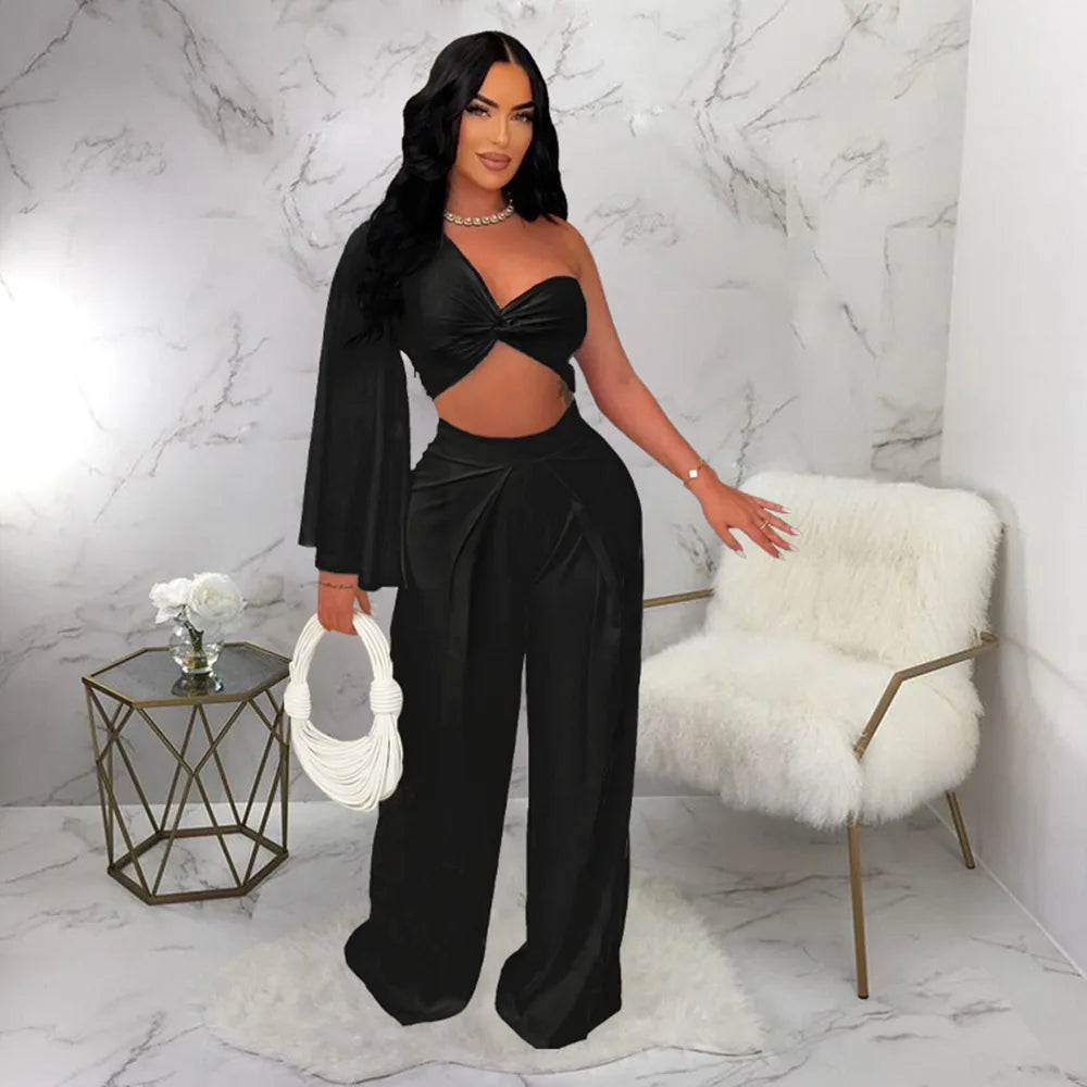 Ruched One Shoulder Sleeve Crop Top and Wide Leg Pants Suits