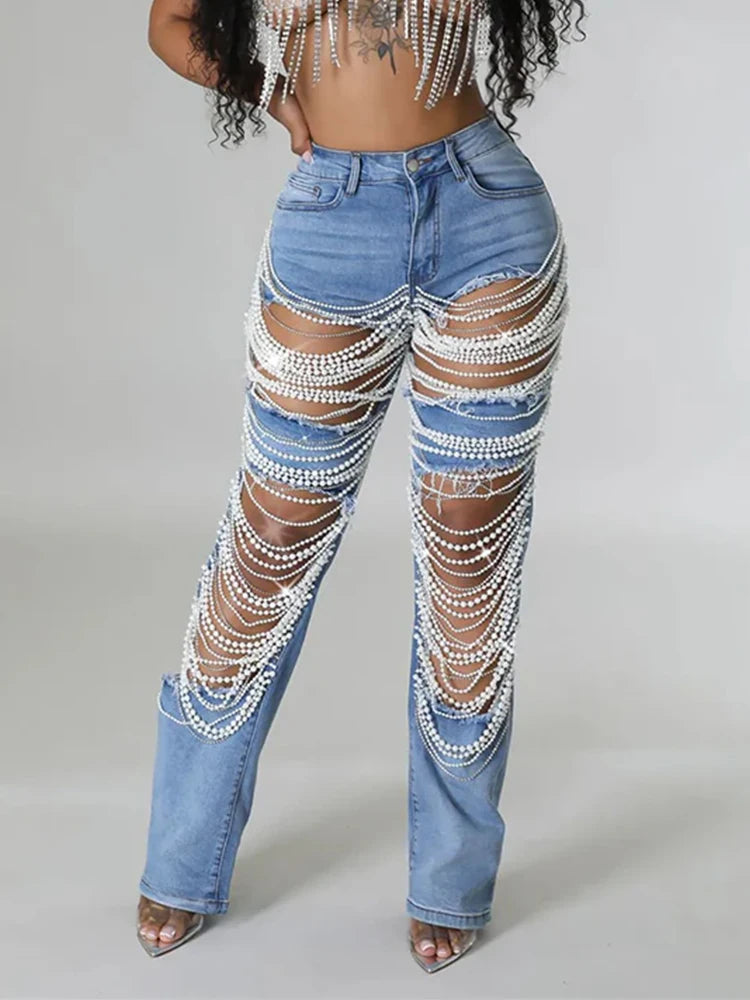 Casual Vintage Cutout High Waist Pearls Denim Jeans