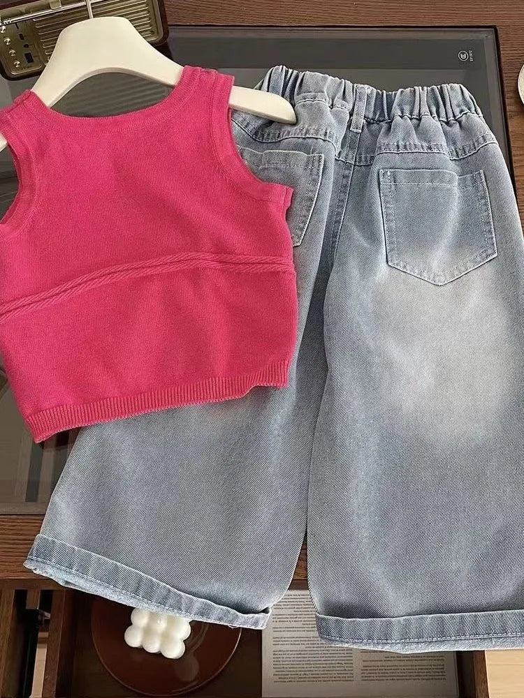 Girls Knitted Suspender Vest Jeans Two-piece Set