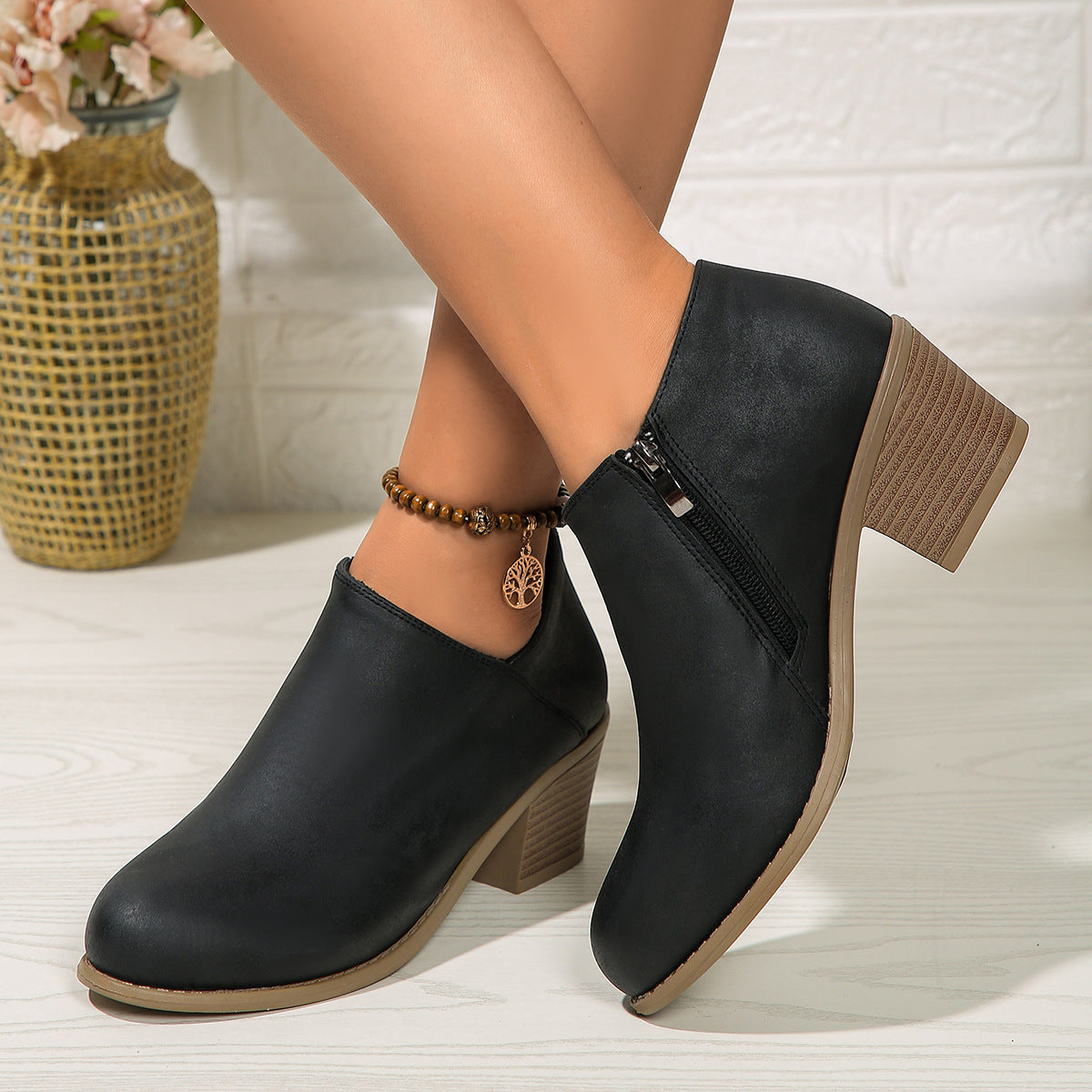 Chunky Heel Round Toe Ankle Boots With Side Zipper