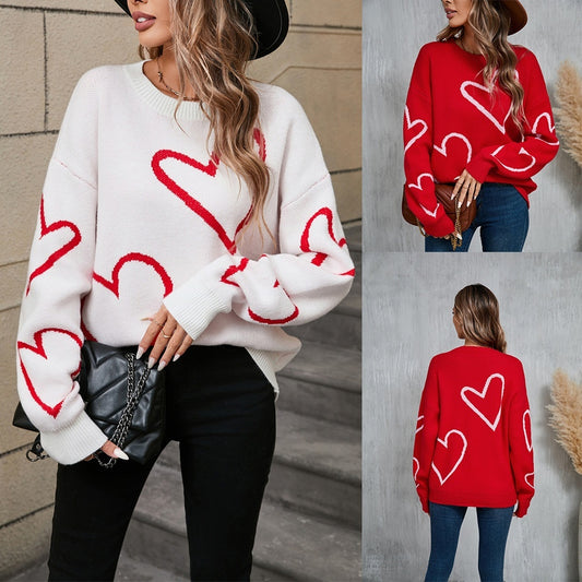 Hearts Pullover Big Peach Heart Contrast Color Sweater