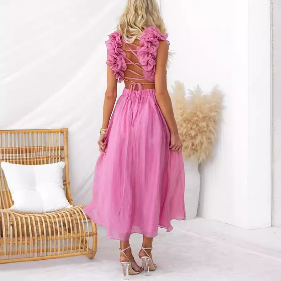 Sleeveless Solid Color Lace-up Pleated Skirt Dress