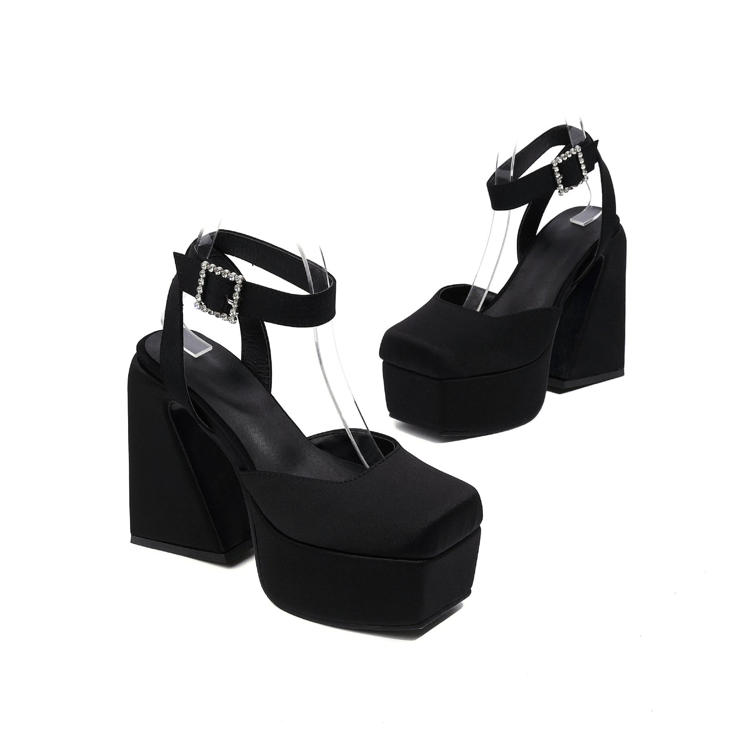 Peep Toe Matte Buckle Thick High Heel Sandals