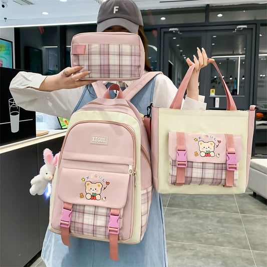 High School Plaid Three-piece Set Backpack