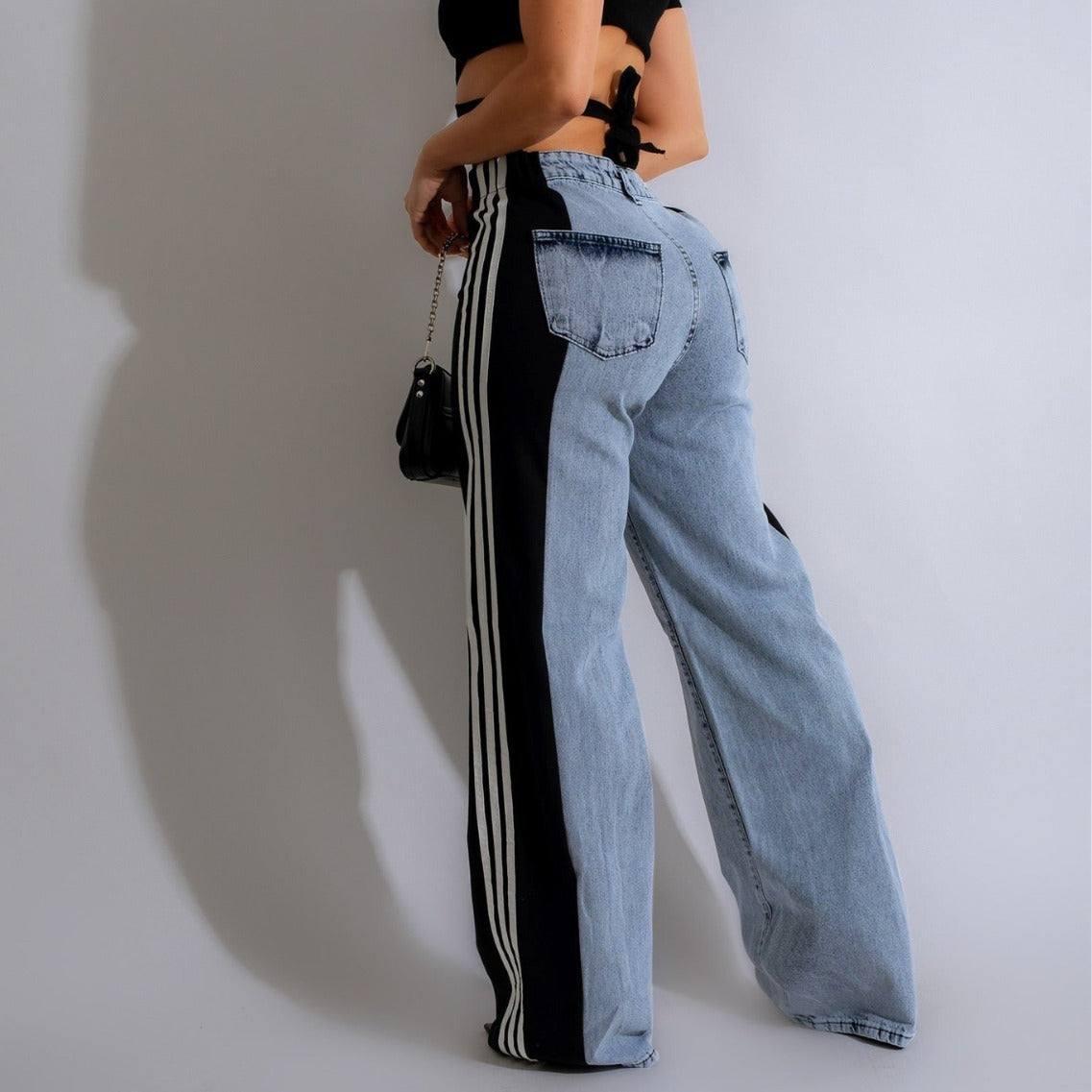 High Waist Elastic Straight Leg Trousers Three Stripe Patchwork Denim Wide Leg Pants Streetwear