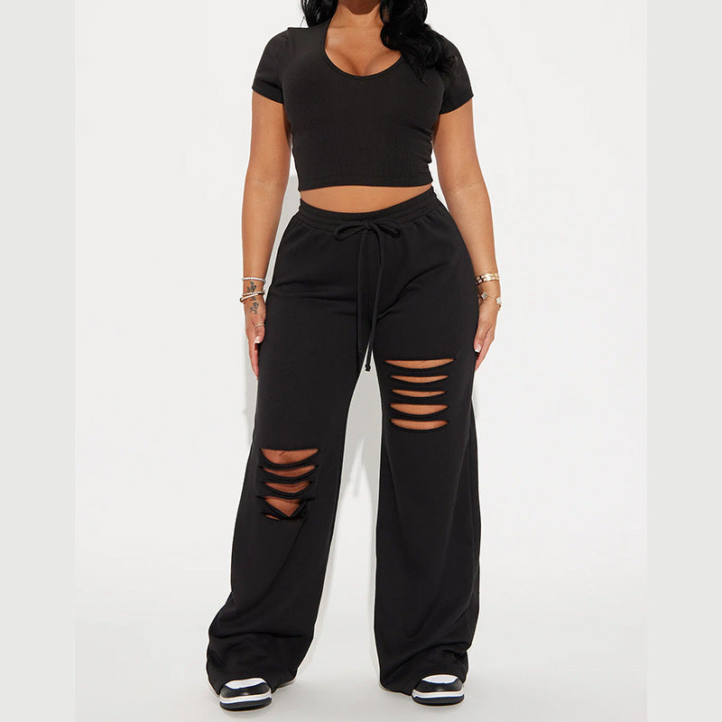 Round Neck Top Casual Drawstring Elastic Waist Ripped Trousers Suit