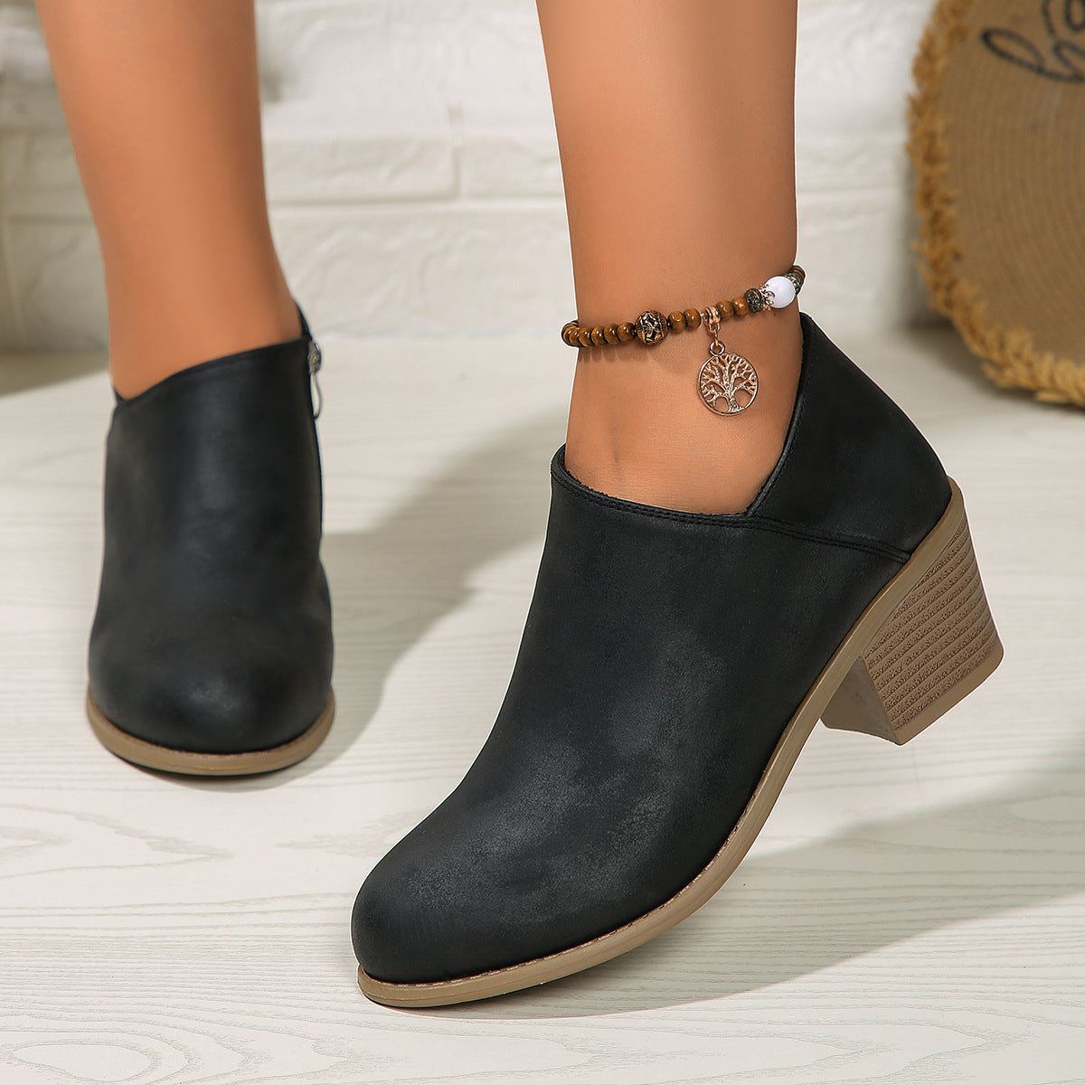 Chunky Heel Round Toe Ankle Boots With Side Zipper