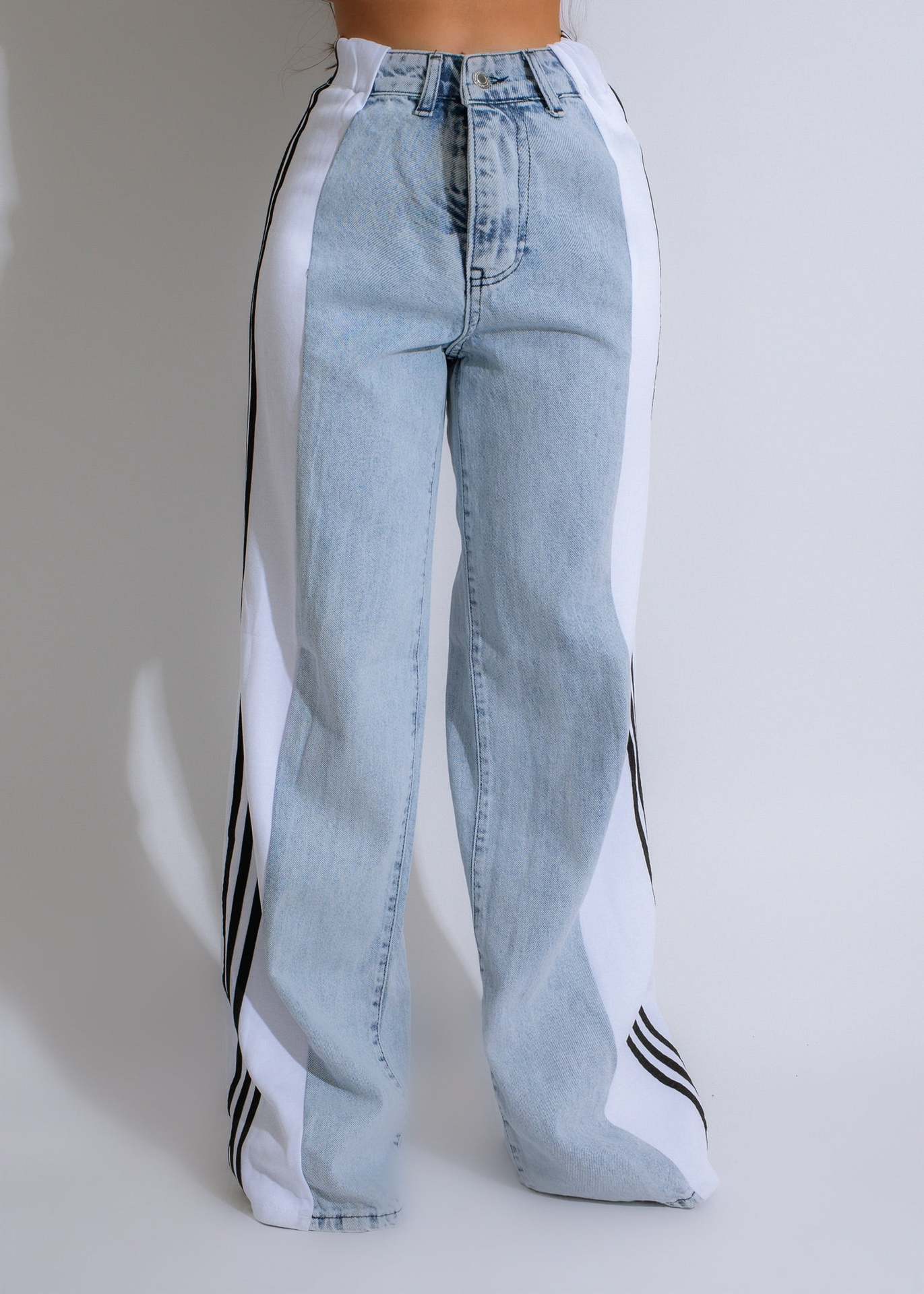 High Waist Elastic Straight Leg Trousers Three Stripe Patchwork Denim Wide Leg Pants Streetwear