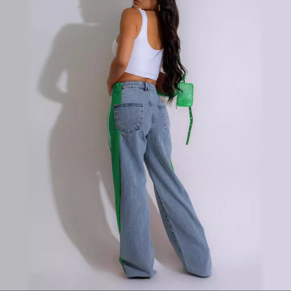 High Waist Elastic Straight Leg Trousers Three Stripe Patchwork Denim Wide Leg Pants Streetwear