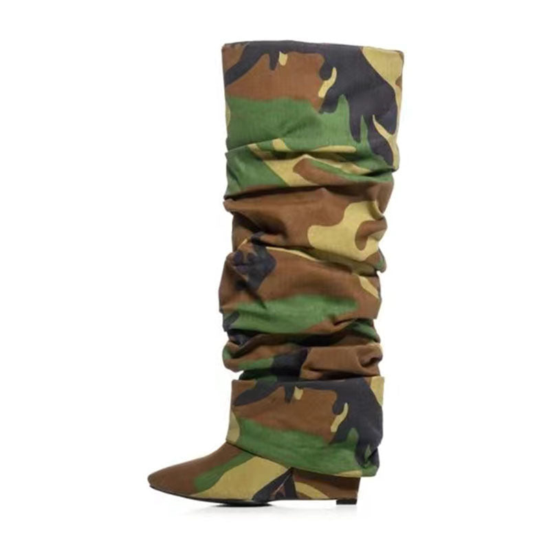 Camouflage Plus Size Stitching Pointed Toe Wedge High Pile Style Boots