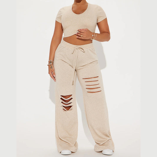 Round Neck Top Casual Drawstring Elastic Waist Ripped Trousers Suit